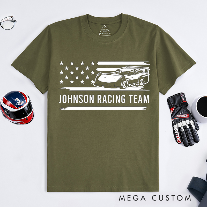 Personalized Racing Team T-Shirt Custom Text Vintage USA Flag Race Car Design for Racers and Racing Lovers