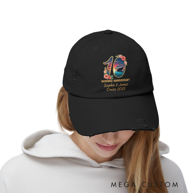 Personalized Couple Matching 10th Wedding Anniversary Hat Custom Names Cruise Vacation Trip Distressed Dad Hat Black Vintage Baseball Cap