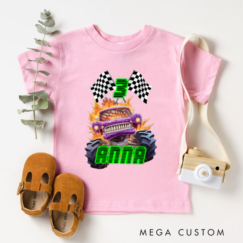 Personalized Big Wheel Off-Road Truck Multicolor Kid's Tshirt with Age and Name Birthday Christmas Gift for Kids