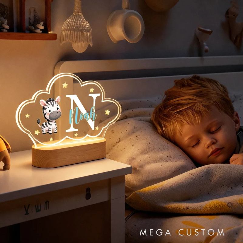 Personalized Cute Animals Star Cloud Style Acrylic LED Night Light with Wooden Base and Name Birthday Anniversary Gift for Kid Newborn