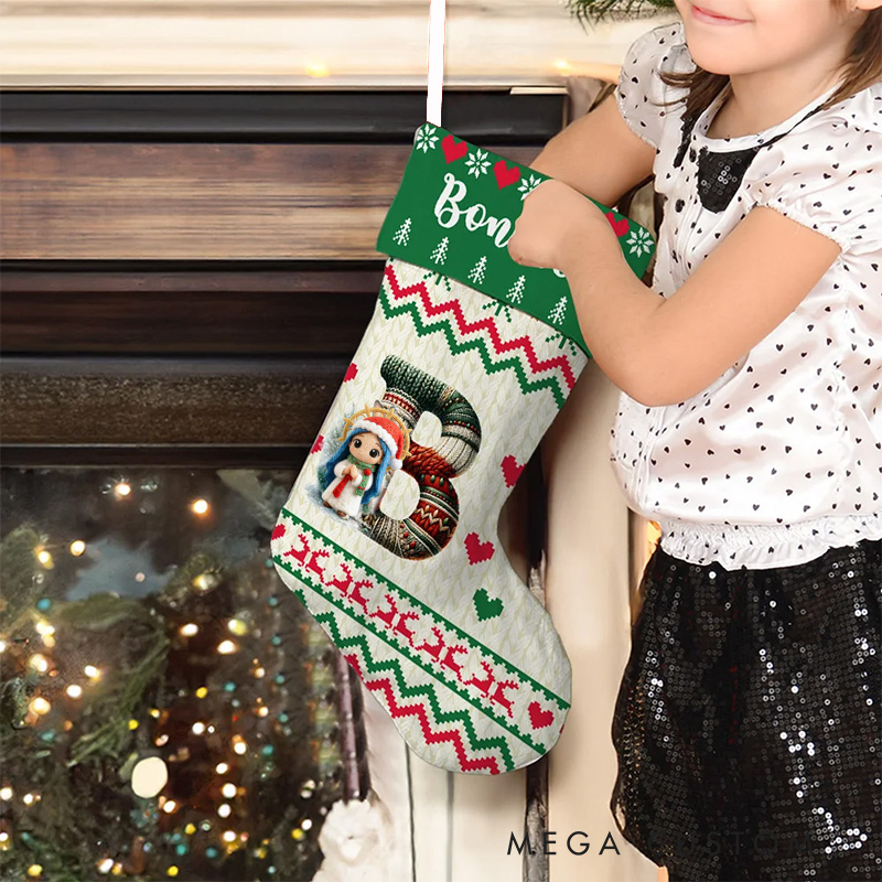 Personalized Cute Christmas Knitted Sweater Jesus Virgin Mary Hanging Christmas Stocking with Initial Home Decor Gift for Christian Kids Family