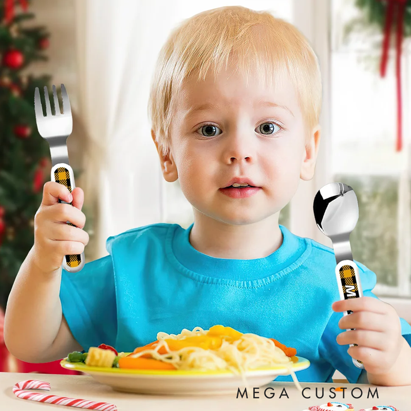 Personalized Cartoon Reindeer Snowflake Plaid Kid Stainless Steel Fork Spoon Knife 3 Pcs Cutlery Set with Name and Case Christmas Gift for Boys Girls
