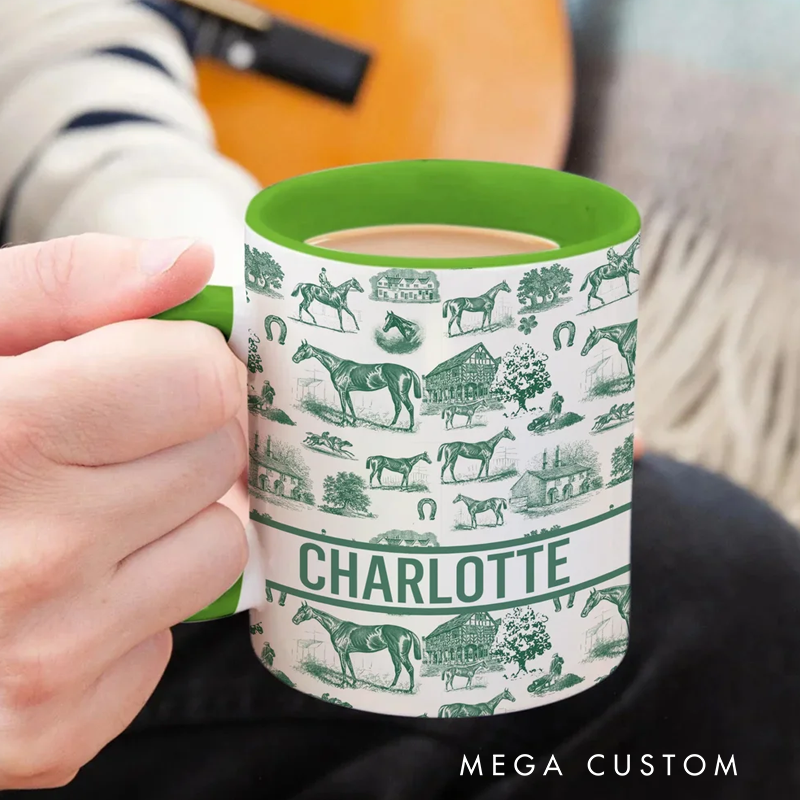 Personalized Multicolor Equestrianism Pattern Ceramic Coffee Mug with Text and Coaster Anniversary Birthday Gift for Equestrians Cowgirls