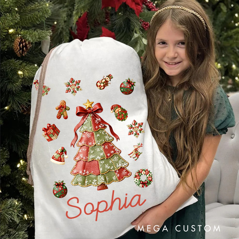 Personalized Christmas Tree Santa Claus Canvas Drawstring Gift Bag with Name Christmas Gift for Family Kids