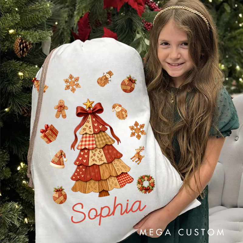 Personalized Wood Element Christmas Tree Santa Claus Canvas Drawstring Gift Bag with Name Christmas Gift for Family Kids