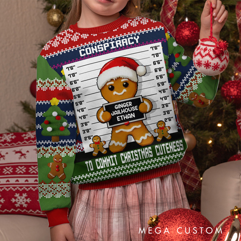 Personalized GInger Jailhouse Ugly Sweater with Text Family Ugly Christmas Sweater for Kids Dad Mom Adult with Name 