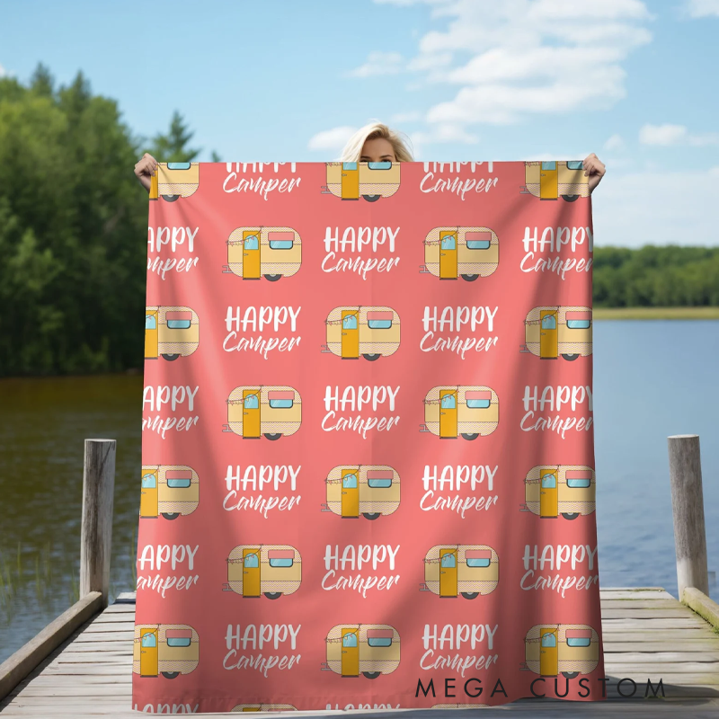 Personalized Happy Camper Lover Blanket Camping Blanket for Girls Rv Accessories for Inside Birthday Gifts for Campers Camp Bedding