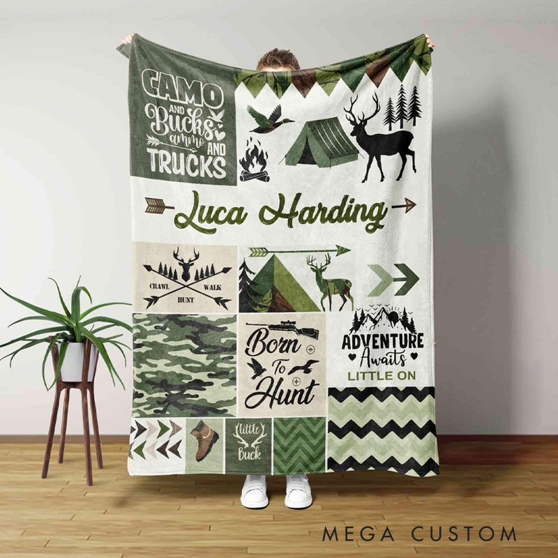 Personalized Hunting Blanket Hunting Kid Blanket Green Camo Woodland Themed Blanket Deer Hunter Blanket For Outdoor Hunting Lover