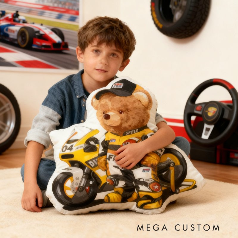 Personalized Decorative Pillow Rally Driver Teddy with Race Car Background Christmas Gifts