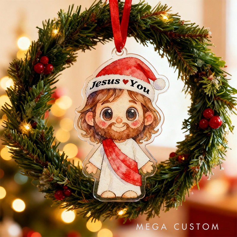 Personalized Cute Jesus Acrylic Ornament with Jesus Love You Custom Text Holiday Tree Decor Religious Gift for Kids Christian Gift for Christmas