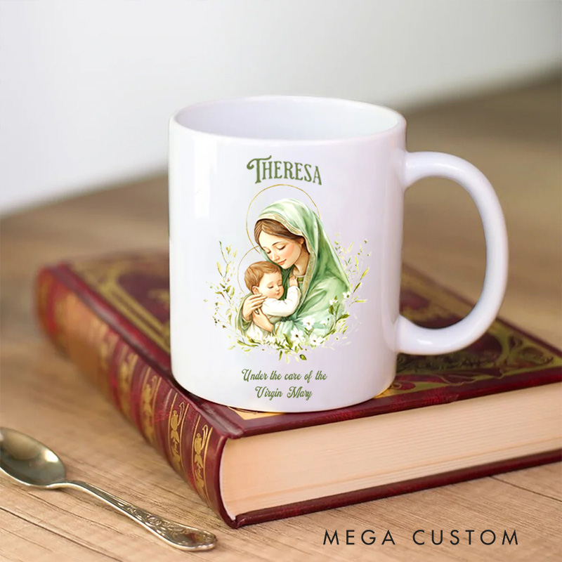 Personalized under the Care of Virgin Mary Ceramic Mug with Name Religious Gift Catholic Gift for Women Girls