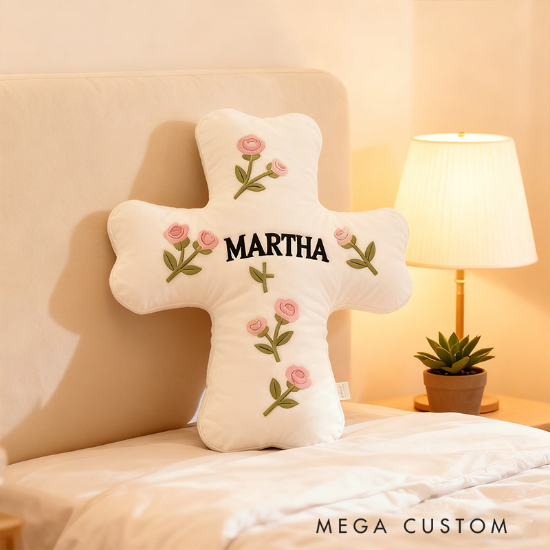 Personalized Roses Cross Pillow with Custom Name Home Decor Christian Flower Cross Pillow Religious Baptism Gift for Her Prayer Corner Faith Gift