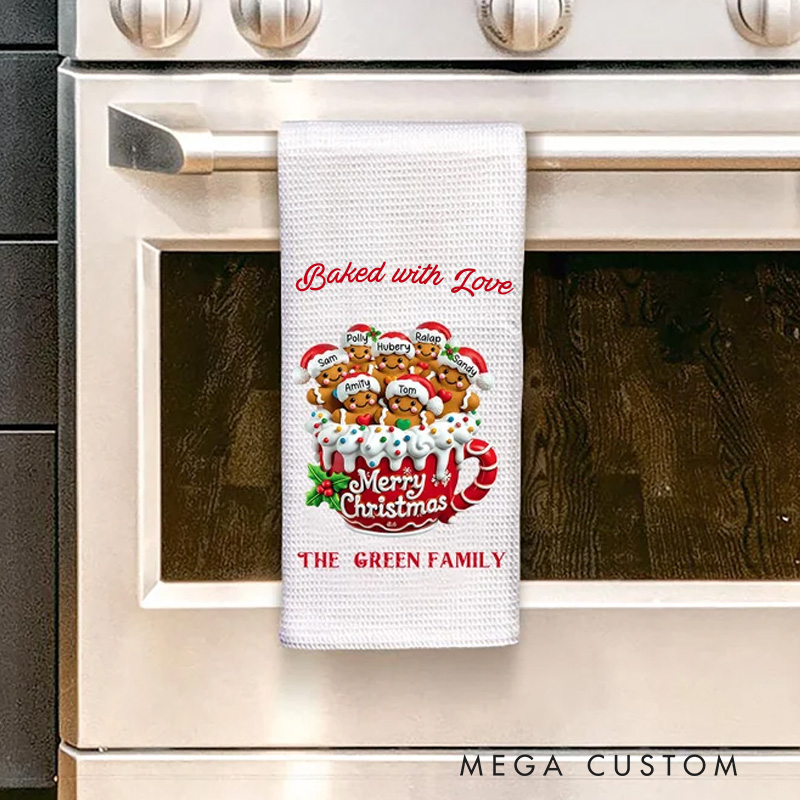 Personalized Gingerbread Men Cocoa Mug Waffle Kitchen Towel with Name and Surname Christmas Gift for Family Friends