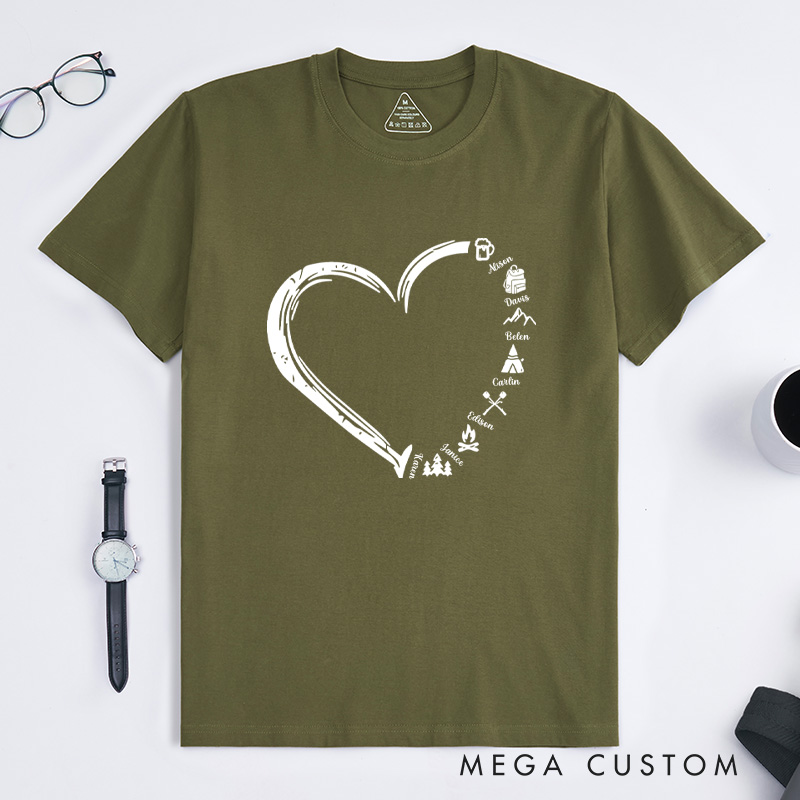  Personalized Cute Heart-shaped Camping Elements T-shirt with Name Gift for Camp Nature Lover