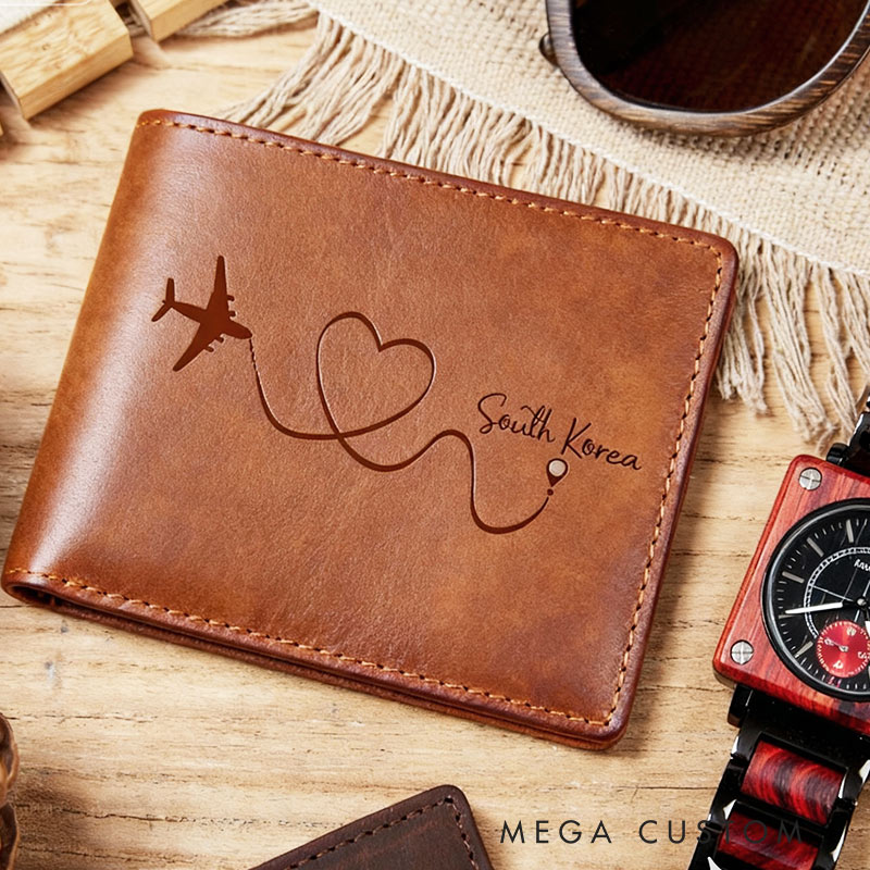 Personalized Crazy Horse Leather Wallet with Custom Travel Destination Engraving for traveling lovers