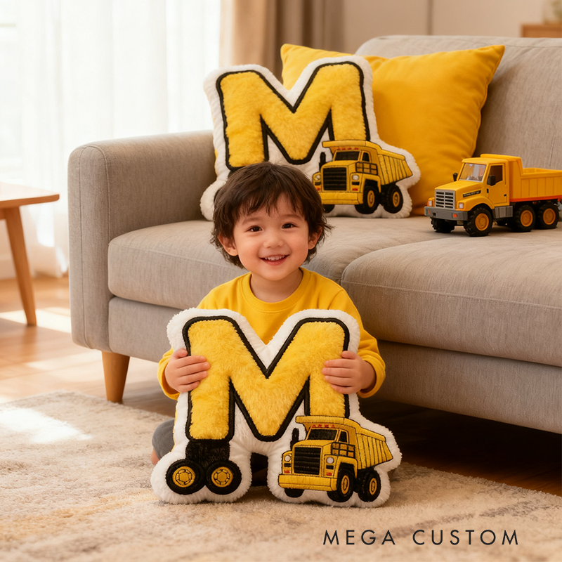 Personalized Letter Shaped Pillows With A Construction Vehicle Pattern Are Suitable For Children's Room Decoration And Play Soft Cartoon Vehicle Throw Pillows Great Gift For Boys For Children