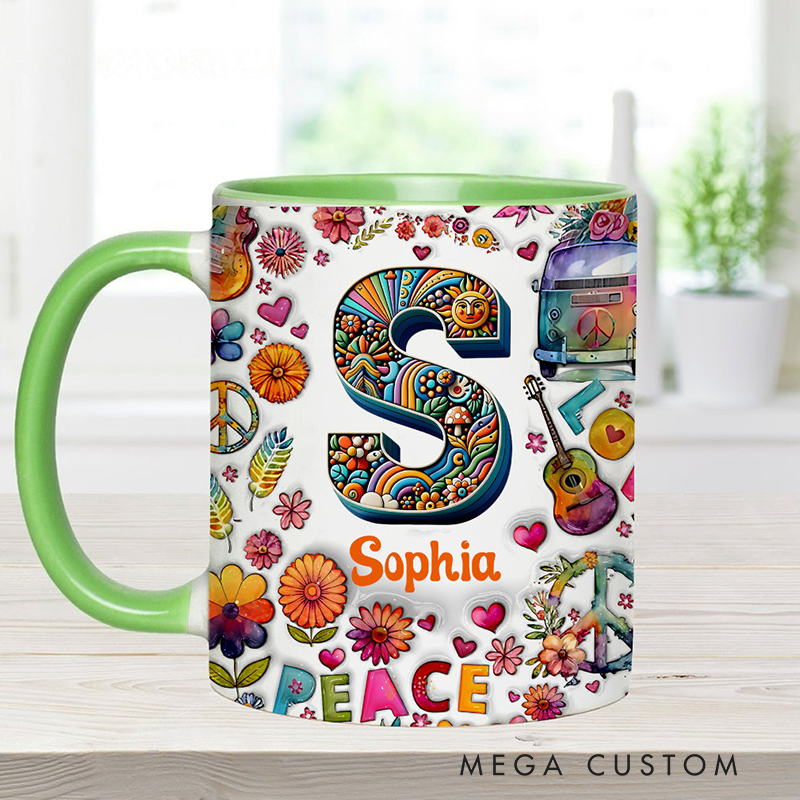 Personalized Hippie Soul Personalized name and Initial Letter mug Hippie Accent Mug for Holiday Decor Family Gifts and Party Favors