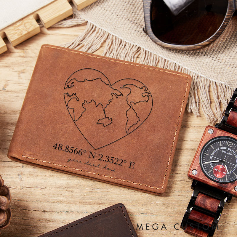 Personalized Crazy Horse Leather Wallet with Customized Latitude and Longitude for traveling lovers