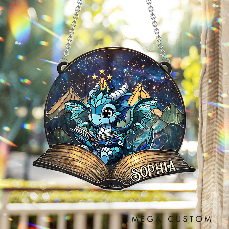 Personalized Reading Dragon Stained Glass Suncatcher Fantasy Book Reader Window Hanging Bookish Art Decor for Book Lover Gift Librarian Gift