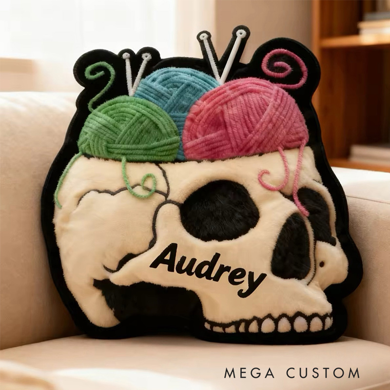 Personalized Skull Yarn Pillow with Custom Name Gift for Edgy Knitters