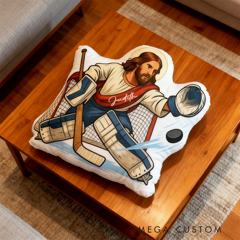 Personalized Jesus Saves Hockey Goalie Pillow with Name Home Decor Christian Humor Pillow Christian Athlete Gift Religious Gift for Hockey Lover