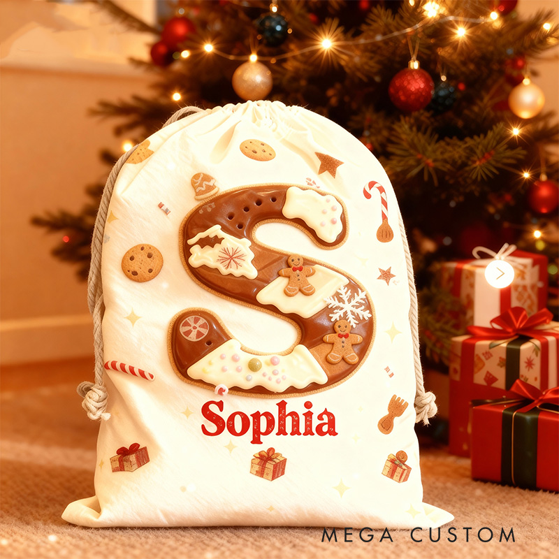 Personalized Cookie Alphabet Christmas Bag for Kids with Name Dessert Christmas Sack Holiday Santa Sack for Baking Lovers Christmas Gift