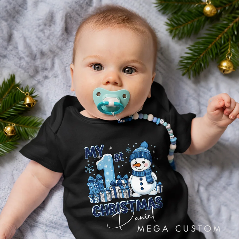Personalized 1st Christmas Snowman 100% Cotton Baby Bodysuit with Name Christmas Gift for Baby New Parents