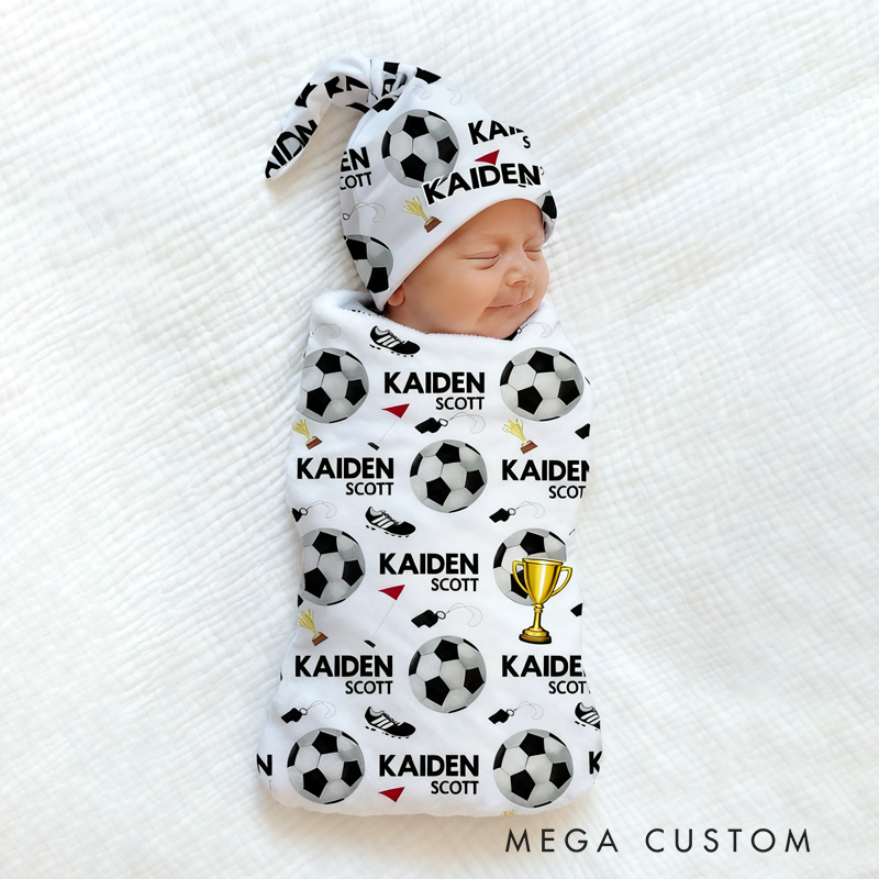 Personalized Soccer Baby Blanket Set Name Soft Fleece Sport Design Perfect Baby Shower Gift