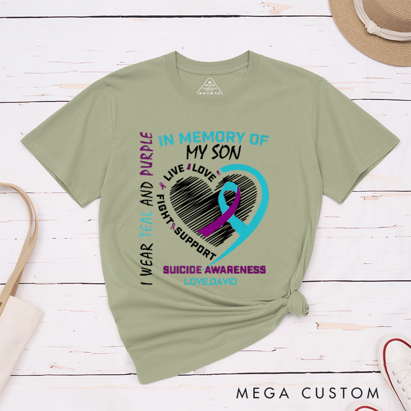 Personalized I Wear Teal and Purple In Memory of My Son T-Shirt Memory Gift Suicide Awareness Gift