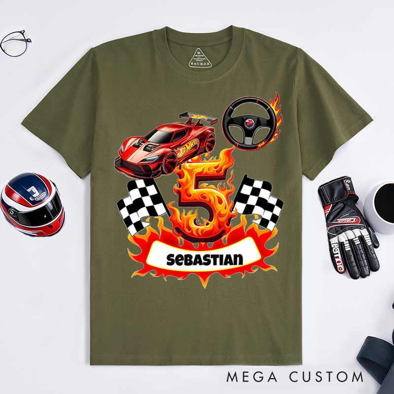 Personalized Racing T-Shirt Custom Name and Number Flame Car Checkered Flag Design for Racers and Racing Lovers