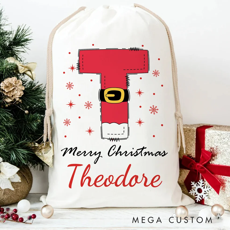 Personalized Snowflake Santa Claus Initial Drawstring Christmas Gift Bag with Name Merry Christmas Gift for Kids Family