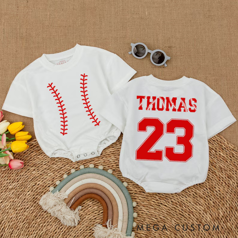 Personalized Baseball Baby Romper Custom Name and Number Game Day Baby Bodysuit Baby Boy Baseball Outfit Baseball Baby Shower Gift