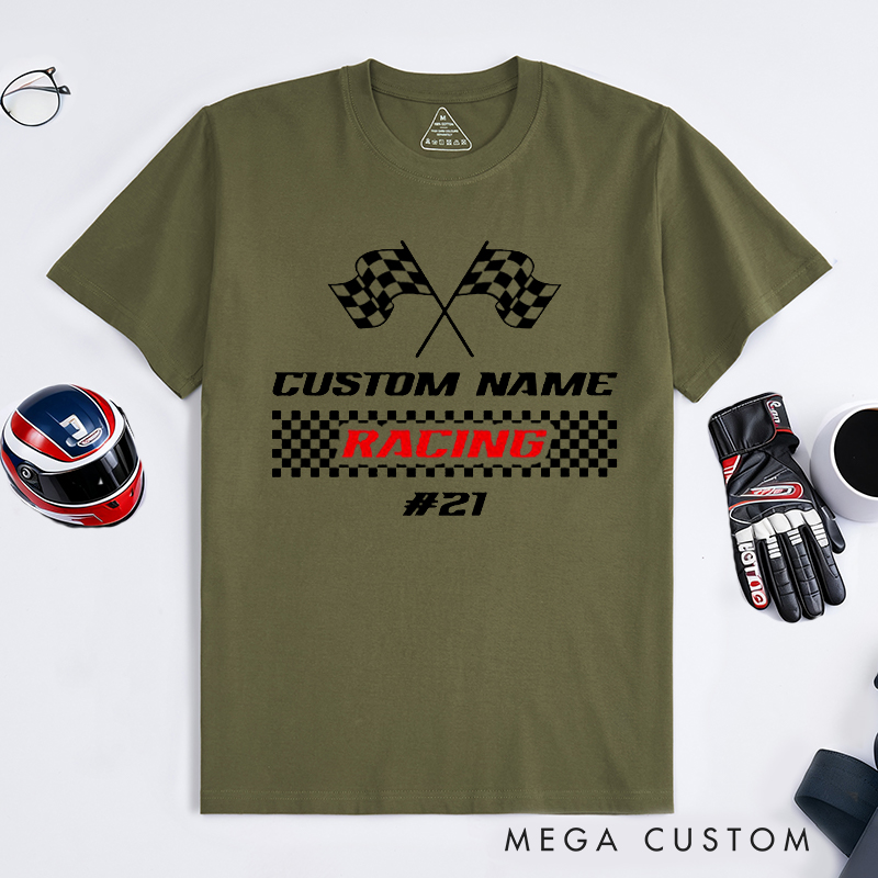 Personalized Racing T-Shirt Custom Name and Number Race Team Tee Gift for Racers and Racing Lovers