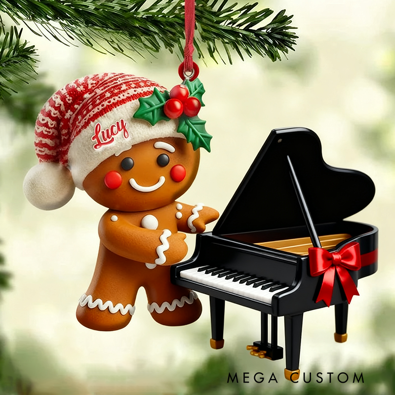 Personalized Gingerbread Playing Piano Ornament Custom Name Ukulele Christmas Tree Ornament Music Band Ornament