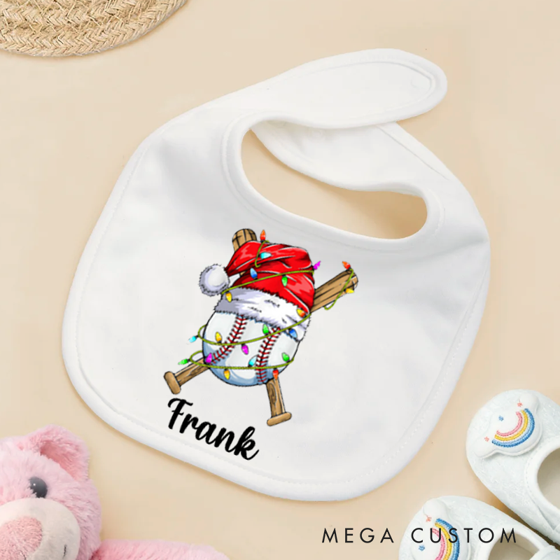Personalized Christmas Hat Sports Ball Baby Bib Baby Bib with Name Feeding Accessory Baby Shower Welcome Christmas Gift for Baby Kid