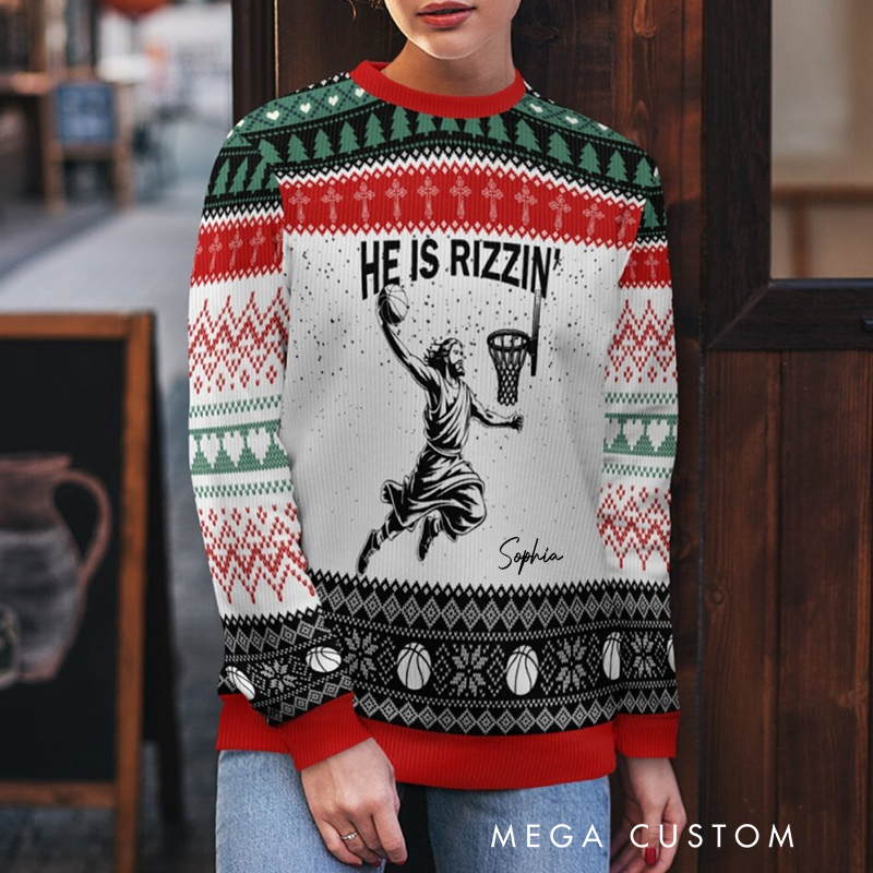 Personalized "He Is Rizzin'" Basketball Ugly Christmas Sweatshirt with Custom Name – Funny Jesus Basketball Meme Gift for Basketball Lovers