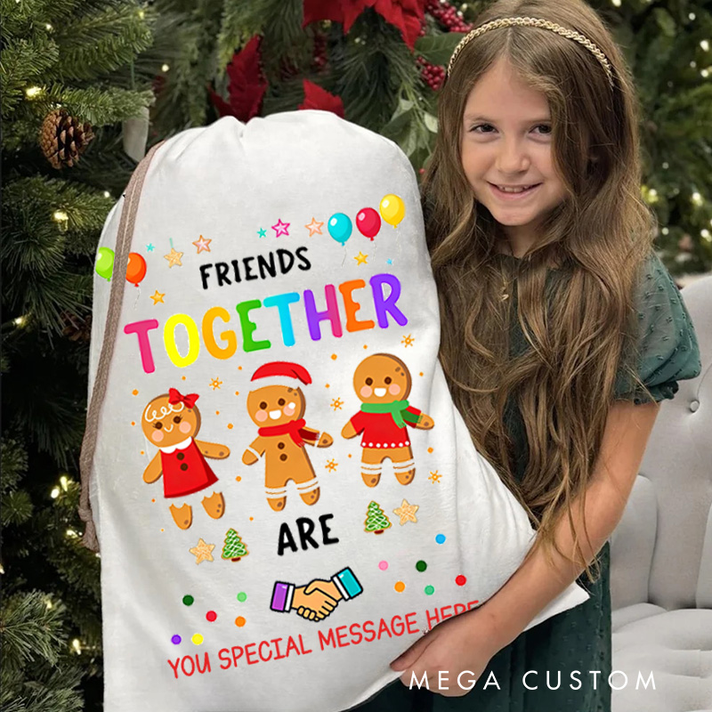 Personalized Gingerbread Friends Together Holiday Gift Sack Colorful Balloons Stars Friendship Joyful Festive Spirit Christmas Bag