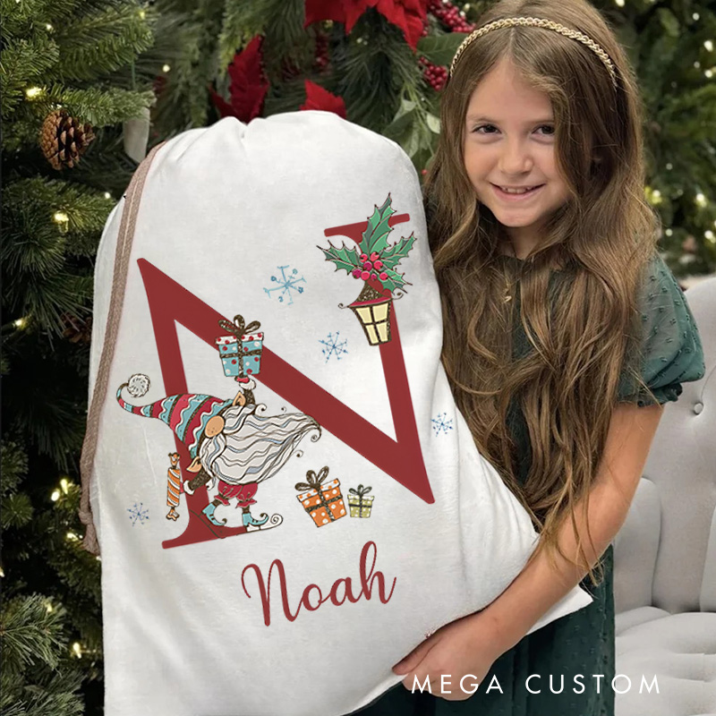 Personalized Cute Gnome Initial Letter Holiday Gift Sack Festive Custom Name Santa Style Joyful Holiday Magic Christmas Bag