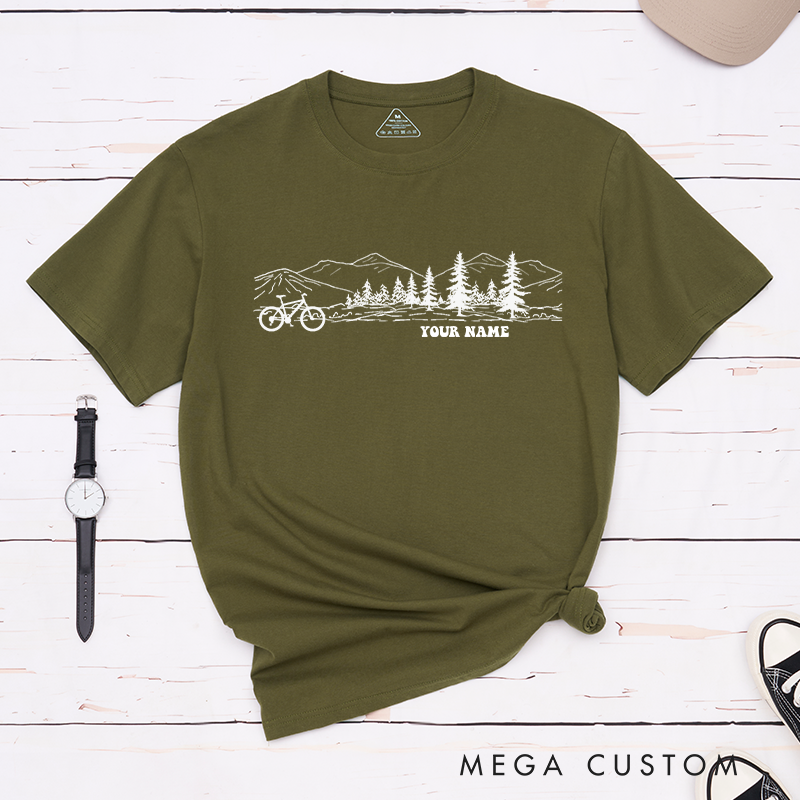 Personalized Scenic Mountain Bike T-Shirt with a Bicycle Outline for Outdoor Adventures Riding Cycling Biking Enthusiasts