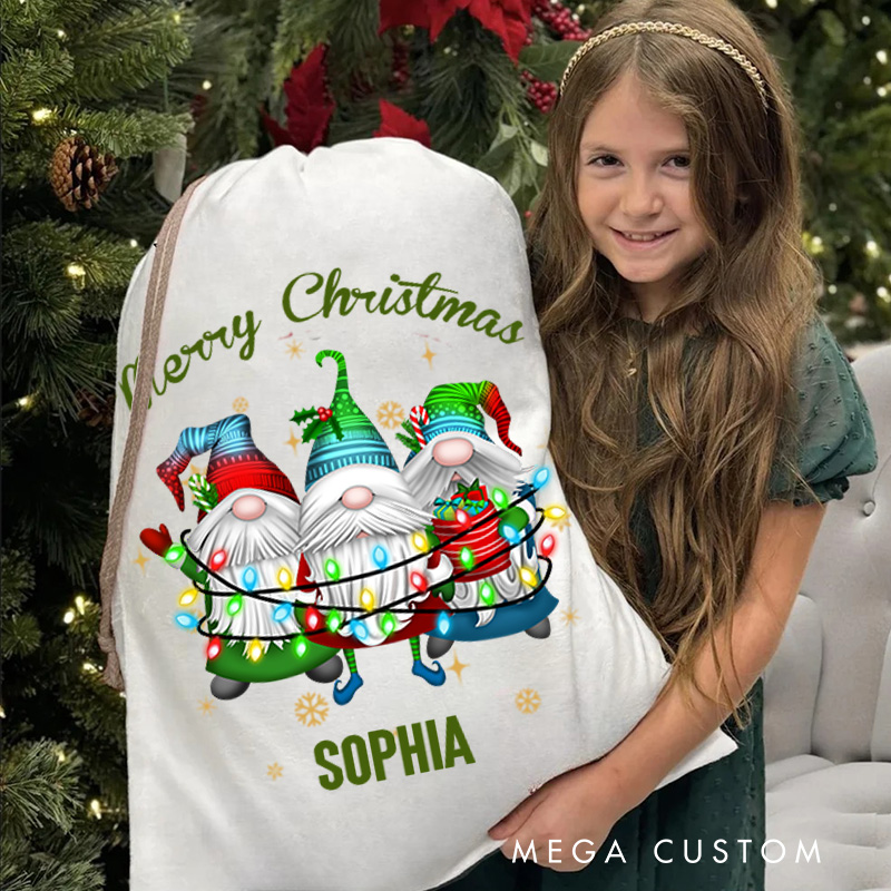 Personalized Cute Gnome Family Holding Christmas Lights Festive Custom Name Holiday Gift Sack Joyful Winter Celebration Christmas Bag