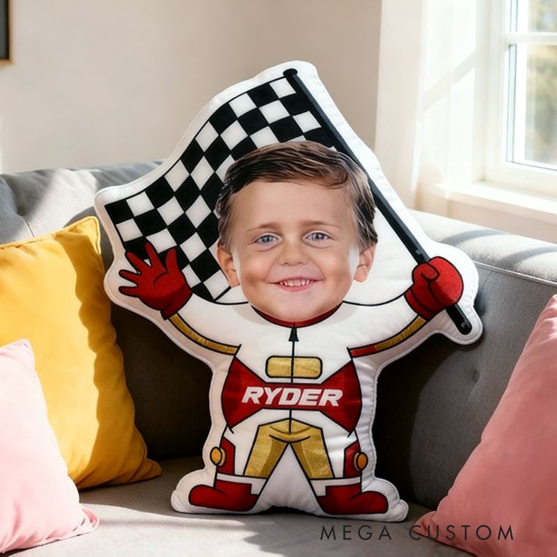 Personalized Cute Racer Boy with Name Graphic 3D Print Pillow Christmas Gift for Kids 