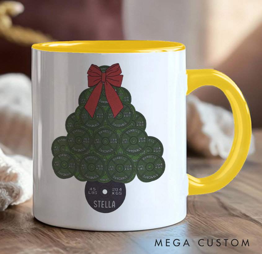 Personalized45lb Plate Christmas Tree Mug with Lifter Christmas Mug Gift Motivational Coffee Cup for Fitness Enthusiasts Bodybuilders and Gym Lovers