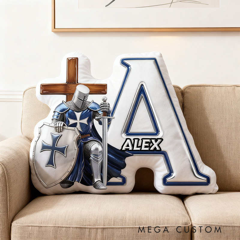Personalized Knight of God Letter Pillow with Custom Name Home Decor Shield and Cross Graphic 3D Print Pillow Religious Christian Faith Gift