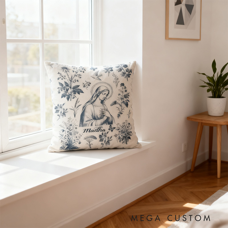 Personalized Catholic Virgin Mary Toile Throw Pillow Cover with Name Home Decor Our Lady Vintage Floral Catholic Throw Pillow Christian Gift for Women