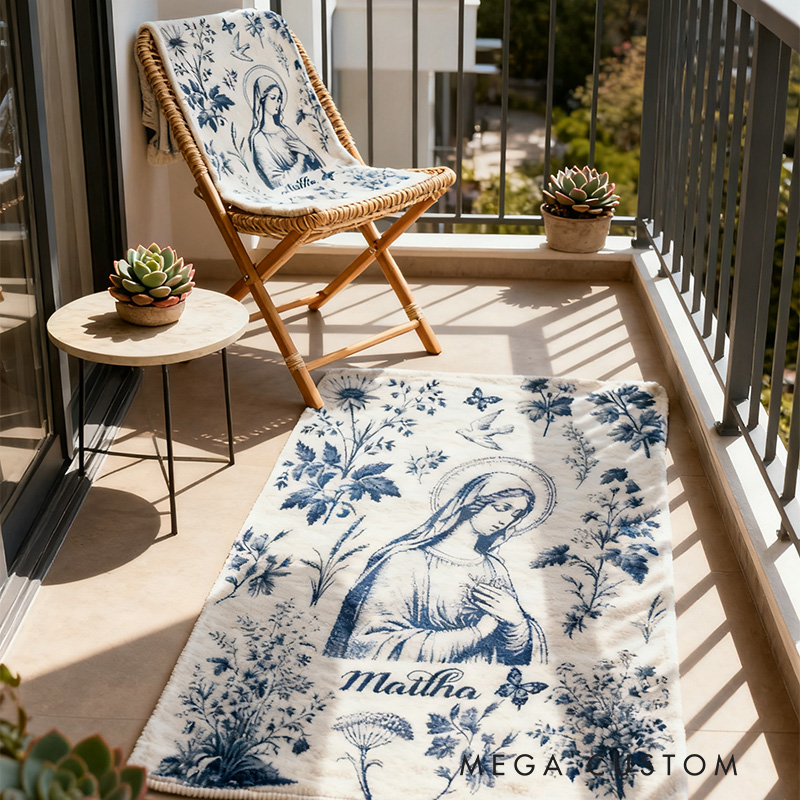Personalized Catholic Virgin Mary Toile Soft Throw Blanket with Name Home Decor Our Lady Vintage Floral Catholic Marian Blanket Christian Gift for Her