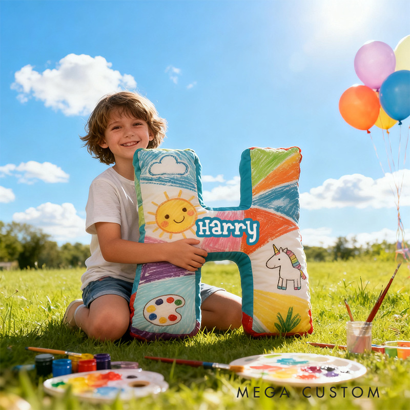 Personalized Graphic 3D Print Crayon Artist Alphabet Shaped Pillow for Art Lovers Initial Pillow Christmas Gift for Kids
