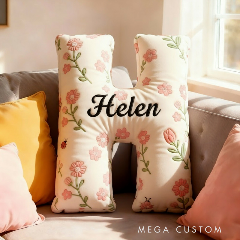 Personalized Boho Flower Letter Pillow Graphic 3D Print Pillow Custom Name Pillow for Kids Gardening Lovers Gift