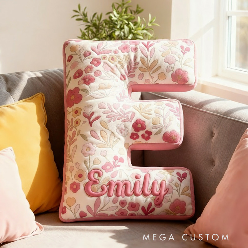 Personalized Pink Flower Letter Pillow Graphic 3D Print Pillow Custom Name Pillow for Kids Gardening Lovers Gift