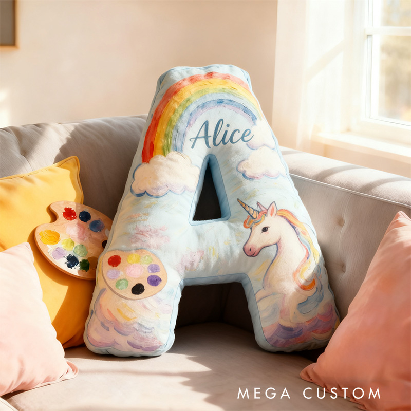 Personalized Graphic 3D Print Oil Painting Style Rainbow Alphabet Shaped Pillow for Art Lovers Initial Pillow Christmas Gift for Kids