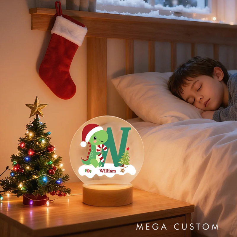 Personalized Santa Hat Dinosaur Initial LED Night Light with Name and Wooden Base Home Decor Christmas Gift for Kids